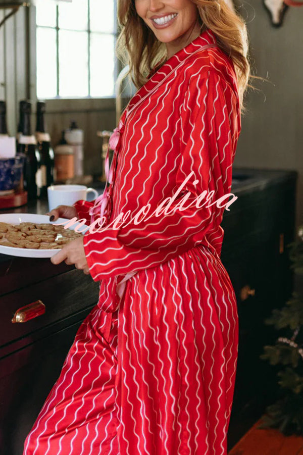 Satin Wave Print Long Sleeve Bow Shirt and Elastic Waist Loose Pants Set