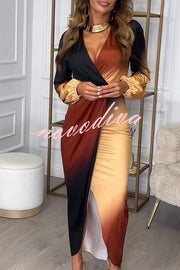 Romantic Sunset Gradient Print Ruched Balloon Sleeve Slit Maxi Dress