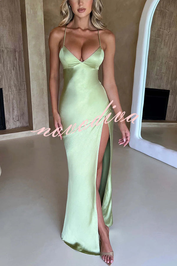 Satin Solid Color Sexy Backless Lace Up High Slit Maxi Dress