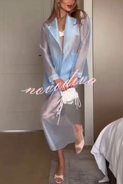Simple and Light See-through Fabric Tie-up Long Sleeve Pocket Lapel Blazer