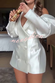 Muse Satin Double-breasted Split Puff Sleeve Back Lace-up Halter Blazer Mini Dress