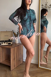 Unique Print One-piece Swimsuit and Cardigan and High Rise Pants Three-piece Set