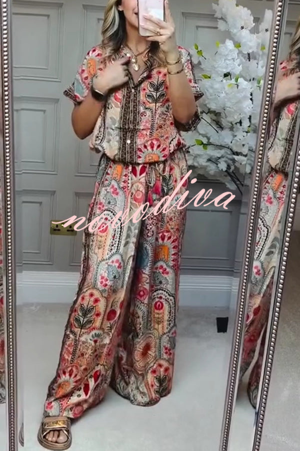 Unique Printed Loose Short-sleeved Top and Elastic Waist Casual Wide-leg Pants Set