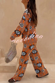Mediterranean Art Knit Unique Sun Vortex Print Long Sleeve Relaxed Sweater