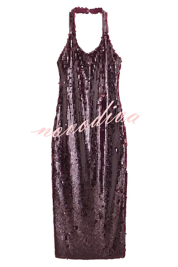 Night Glow Disc Sequin Halter Backless Slit Midi Dress