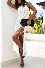 Solid Color Sleeveless Knitted Tassel Slim High Slit Midi Dress