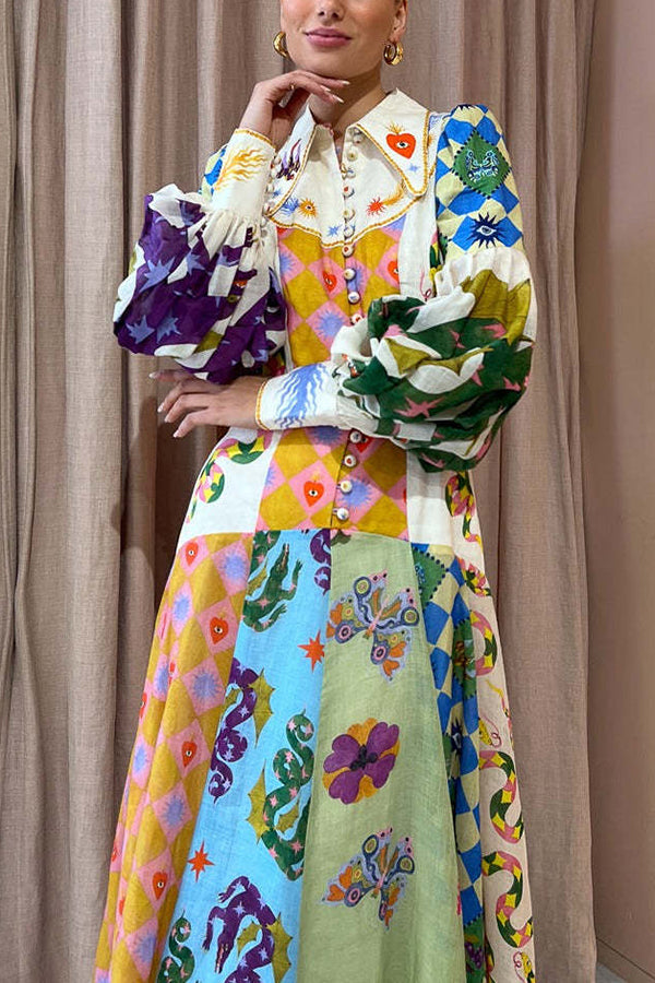 Bold and Chic Irregular Unique Print Balloon Sleeve Belt Shirt Midi Dress