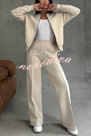 Solid Color Casual Long Sleeve Zipper Jacket and Elastic Waist Pocket Wide Leg Pants Set