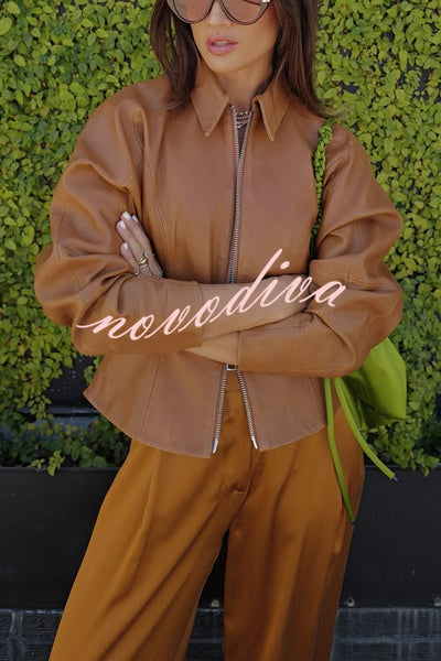 Pop of Brown Faux Leather Double Zipper Detail Balloon Sleeve Lapel Jacket