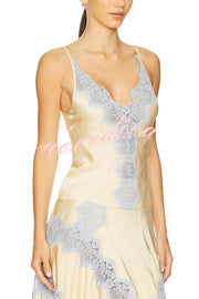 Wine Tasting Contrast Color Satin Lace Trim V-Neck Slip Tank