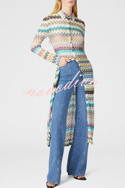 Anna Knit Colorful Herringbone Print Shirt Neck Button Long Sleeve Slim-fit Long Cardigan