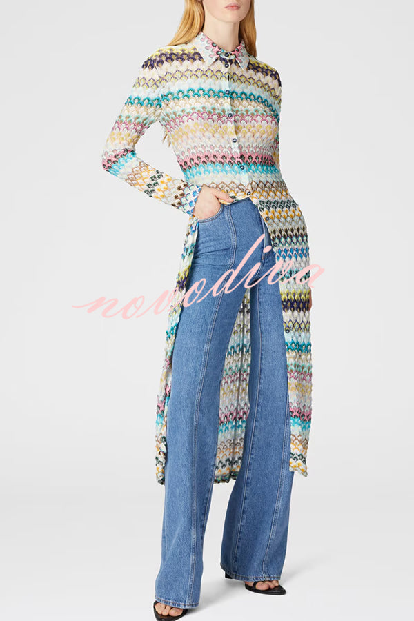 Anna Knit Colorful Herringbone Print Shirt Neck Button Long Sleeve Slim-fit Long Cardigan