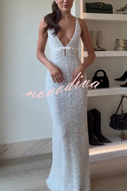 Festival Shines Sequin Beaded Mesh Bow Cutout Detail Slit Maxi Dress