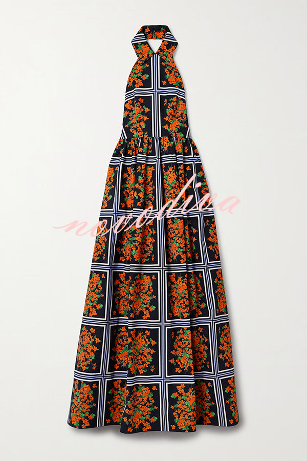 Floral Print Sexy Halter Neck Backless Elegant Maxi Dress