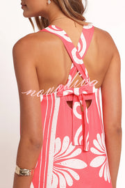 Unique Print Square Neck Open Back Tie Bow Holiday Maxi Dress