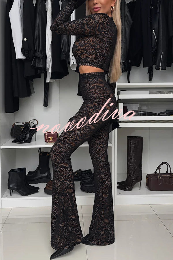 Sexy Charming Lace Bell Sleeve Crop Stretch Top and High Waist Stretch Flared Pants