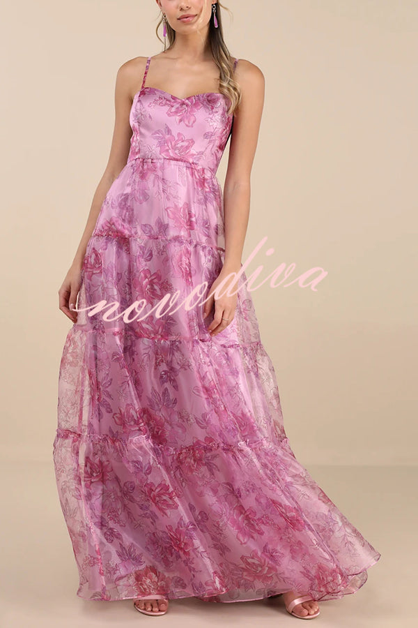 Exclusive Glamour Organza Floral Print Tiered Slip Maxi Dress