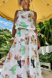 Island Paradise Linen Blend Unique Print Tie-up Slit Tank and Elastic Waist Pocketed Maxi Skirt Set