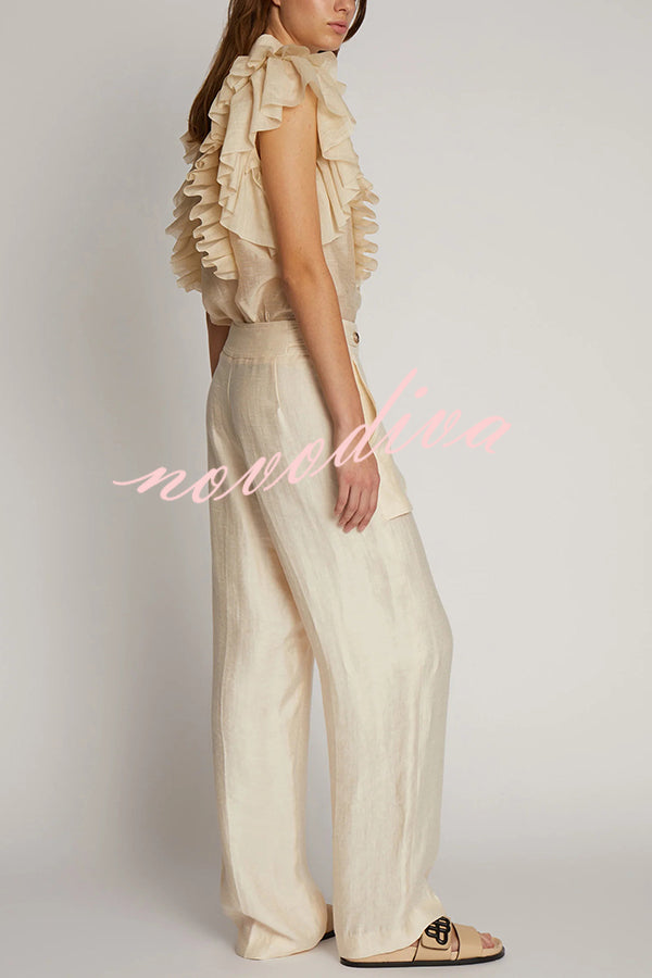 So Chic Linen Blend Buttoned Waist Tiered Pockets Wide Leg Pants