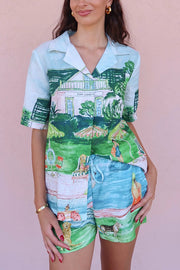 Pool Parties Linen Blend Unique Print Short Sleeve Shirt and Elastic Waist Pocket Shorts Set