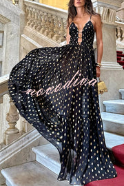 Charming View Chiffon Gold Polka Dot Print Cutout Lightweight Maxi Dress