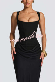 Larrah Square Neck Back Lace-up Satin Drape Hem Maxi Dress