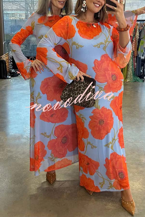 Perfect Cross-season Mesh Poppy Flower Print Long Sleeve Stretch Maxi Dress
