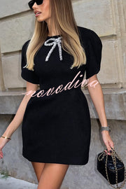 Chic Style Bow Rhinestone Decoration Slit Short Sleeve Mini Dress