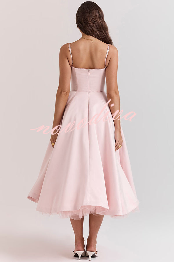 Fairytale Vibe Satin Patchwork Tulle Sweetheart Neck Pocket Stretch Midi Dress