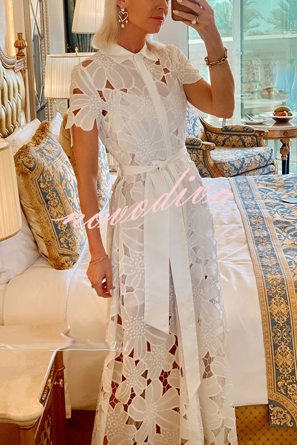 Dubai Style Floral Crochet Lace Short Sleeve Tie-up Shirt Maxi Dress