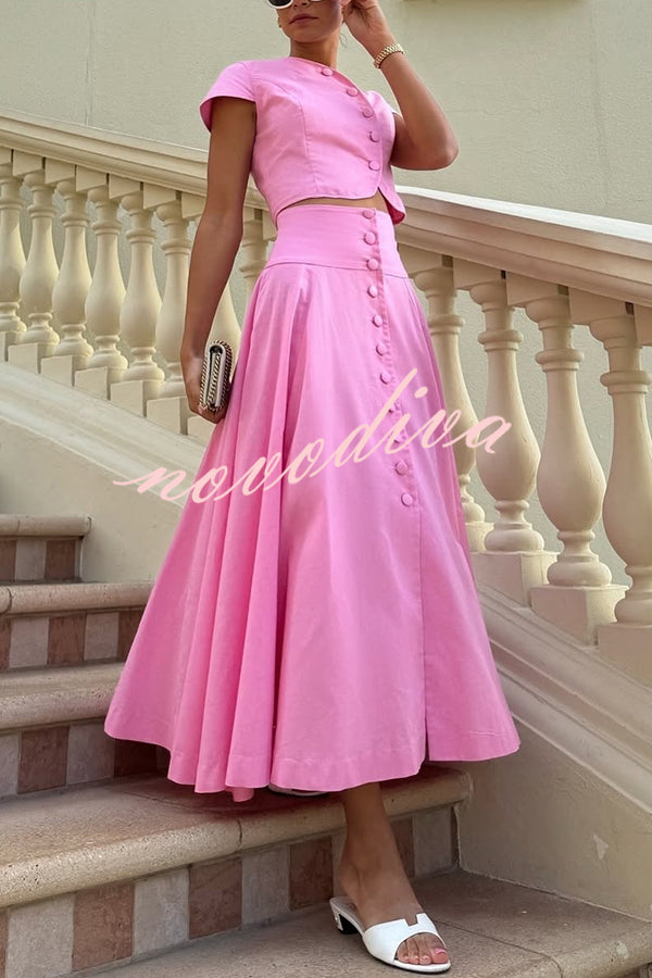 Solid Color Round Neck Button Crop Top and Elegant High Waist Slit Maxi Skirt Set