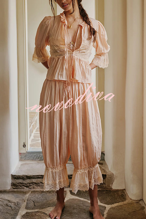 Pastoral Style Elastic Waist Lace Hem Bloomer Pants