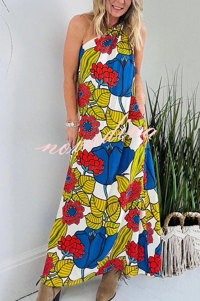 Floral Unique Printed One Shoulder Pocketed Loose Maxi Dress