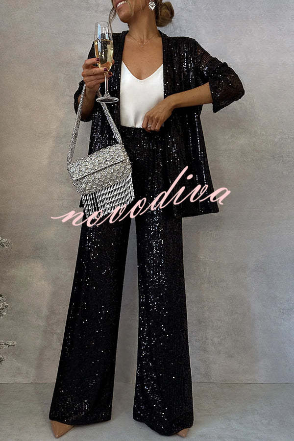 Party Scene Sequin Open Front Long Sleeve Drape Coat