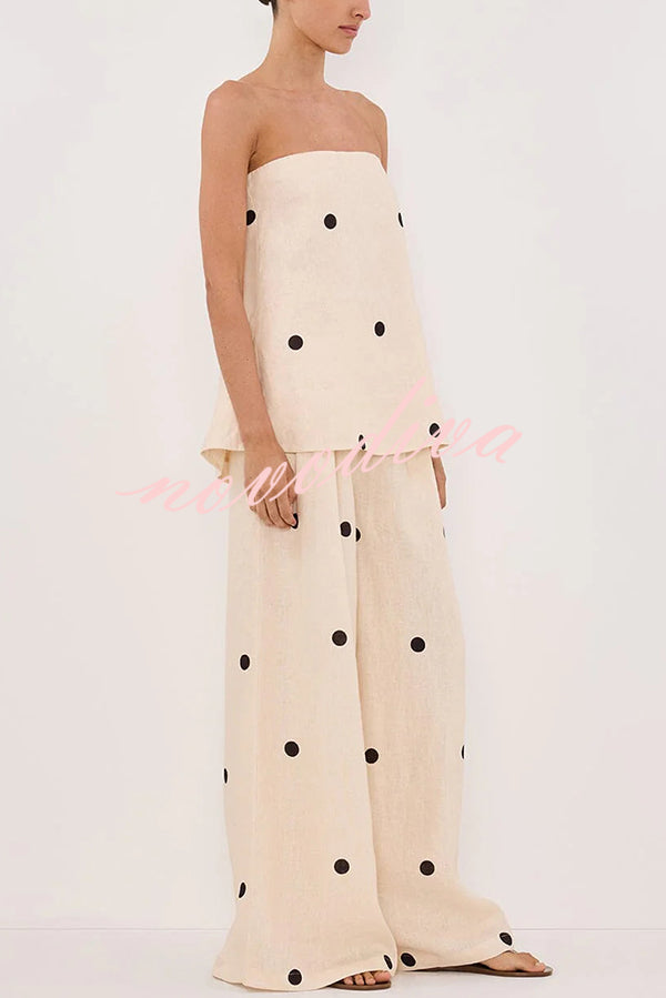 Linen Blend Polka Dot Bandeau Top and Elastic Waist Pocket Wide Leg Pants Set