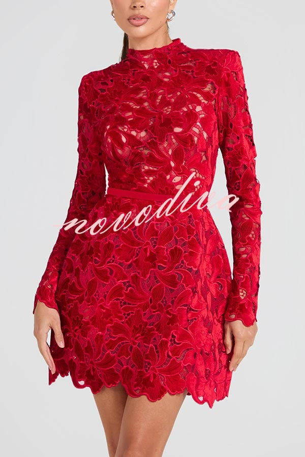 Lydia Embroidered Floral Lace Long Sleeve Belt Tulip Shaped Mini Dress