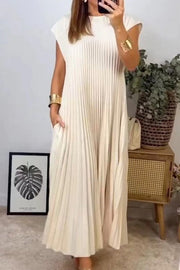 Solid Color Round Neck Sleeveless Pleated Large Hem Maxi Dress