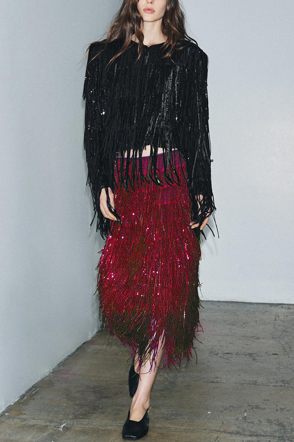 Party Crasher Layered Sequined Tassels High Rise Back Zipper Midi Skirt