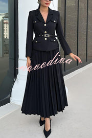 Solid Color Lapel Button Belt Blazer and Pleated Casual Maxi Skirt Set