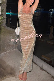 Dazzling Entrance Premium Crystal Embellished Jersey Slit Midi Dress