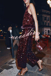 Gala Goddess Sequin High Rise Zipper Waist Wide Leg Pants