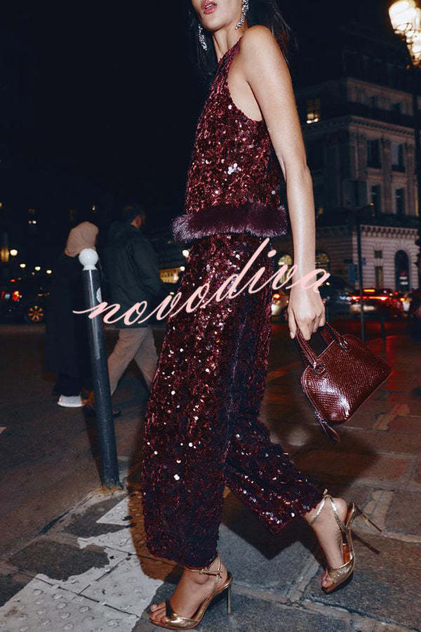 Gala Goddess Sequin High Rise Zipper Waist Wide Leg Pants