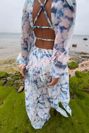 Beach Hour Printed Balloon Sleeve Cutout Back Elastic Lace-up Slit Maxi Dress