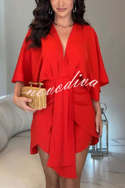 Solid Color V-Neck Half Sleeve Casual Irregular Mini Dress