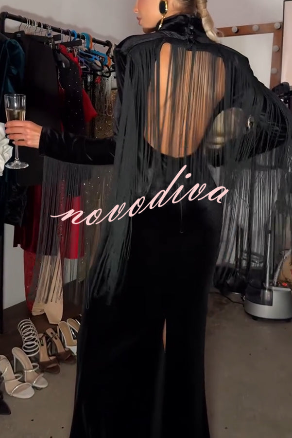 Eve Velvet Open Back Tassel Trim Long Sleeve Slit Maxi Dress