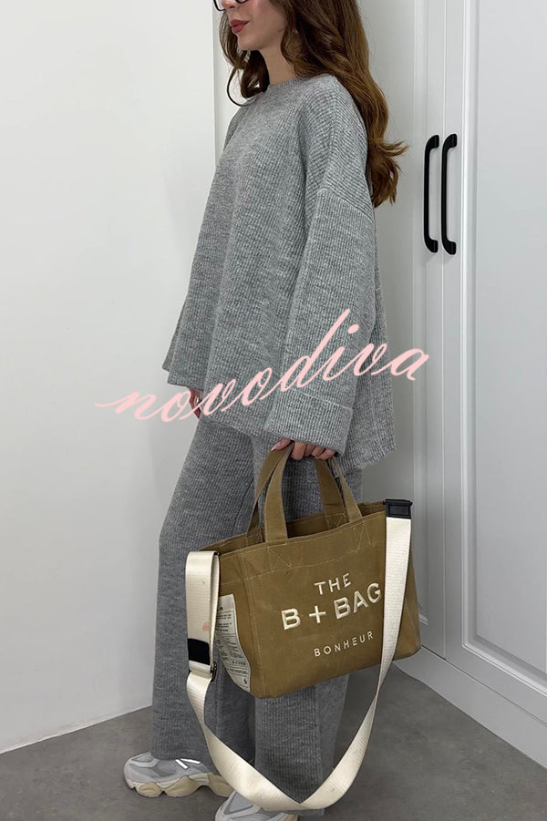 Solid Color Loose Long-sleeved Knit Top and Elastic Waist Casual Straight Leg Pants Set