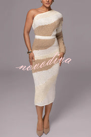 Soft Autumn Knit Colorblock High Rise Elastic Waistband Stretch Midi Skirt