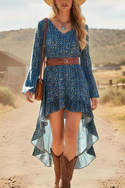 Bohemian Style V-neck Long-sleeved Casual Ruffle Midi Dress