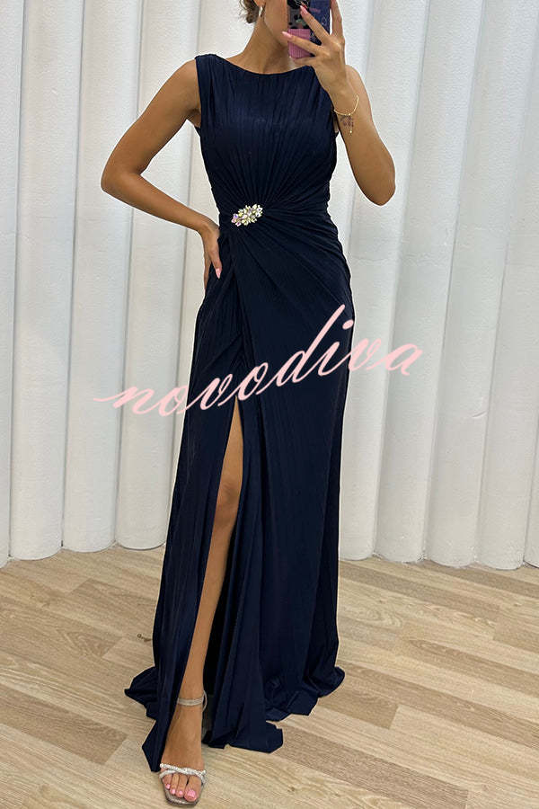 Pretty Special Pleated Embellished Slit Evening Maxi Dress