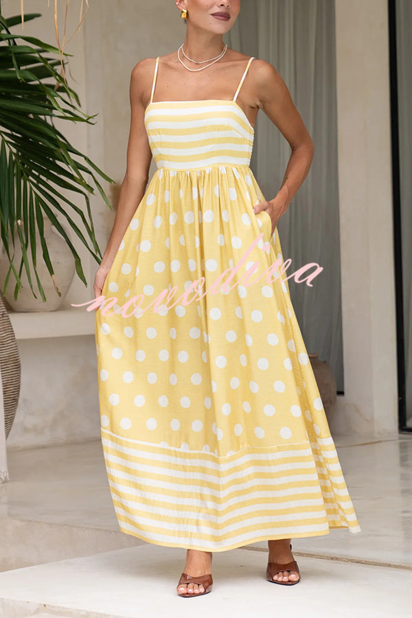 Striped Polka-dot Print Sling Pleated Open-back Maxi Dress